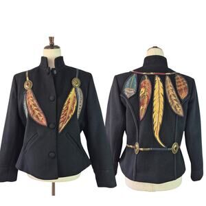Coloratura Black Wool Native Southwest Western Feathers Conchos Jacket Coat S